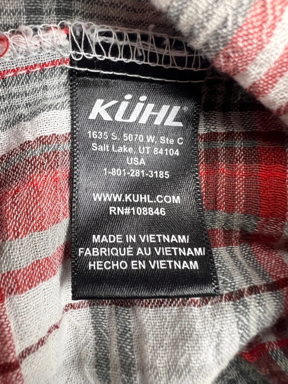 Kuhl Shirt Mens XL Red Gray Plaid Button Up Trail Hiking Outdoors Organic Cotton